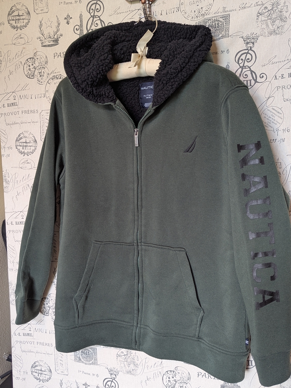 Nautica Olive Green Zip-Up Jacket with Black Sherpa Hood Size XL